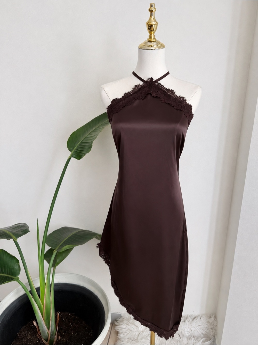 Satin Lace-Trim Halter Dress in Chocolate Brown